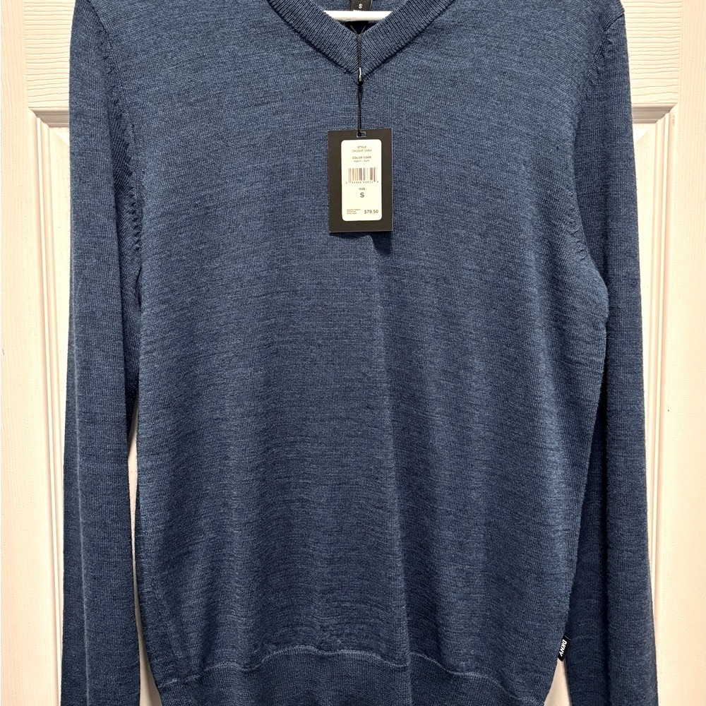 New with Tags - DKNY Men's Marino Wool V-Neck Sweater in Rich Blue